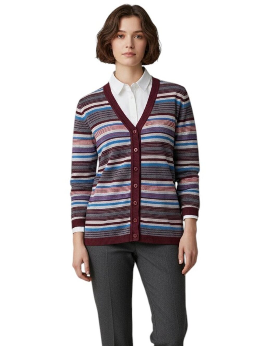 Casablanca Women Merino Wool Cardigan Button Front Euro 38 US 6 Striped Red Blue